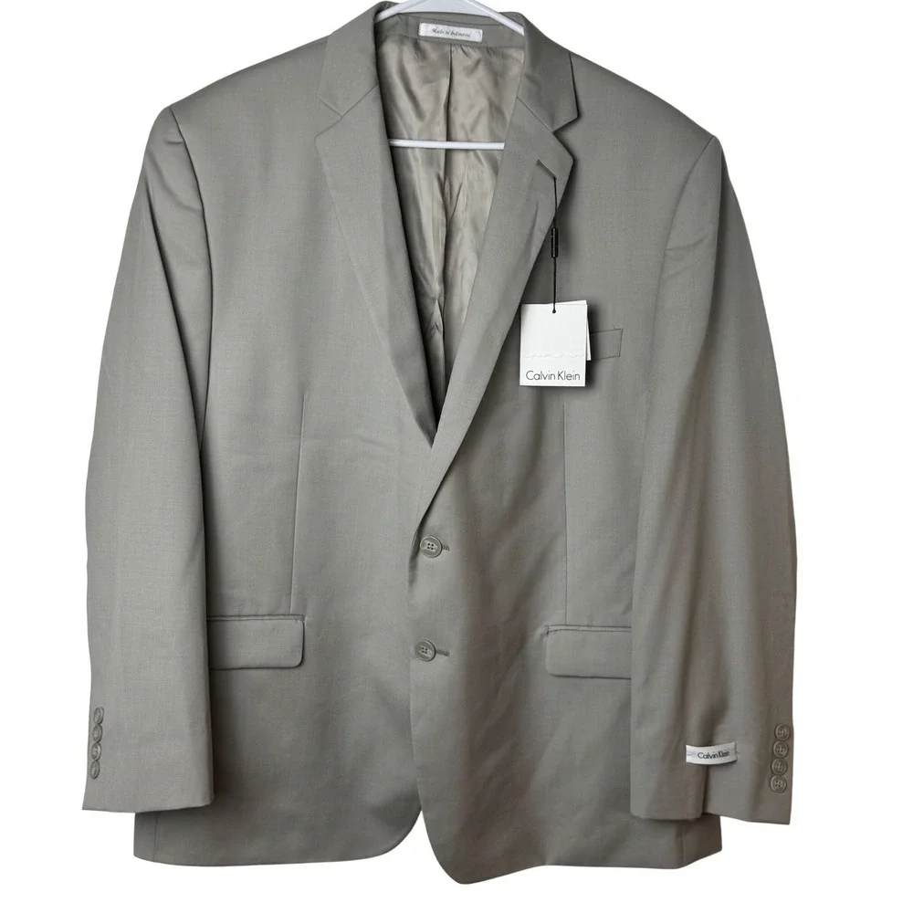 Calvin Klein Suit Jacket Mens 46S Tan Solid Slim Fit 100% Wool Two‎ Button NEW